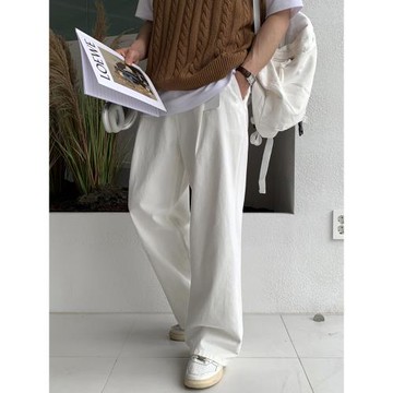 碧舍韓系男裝奶油風白色寬松直筒闊腿褲百搭高品質夏季棉質休閑褲