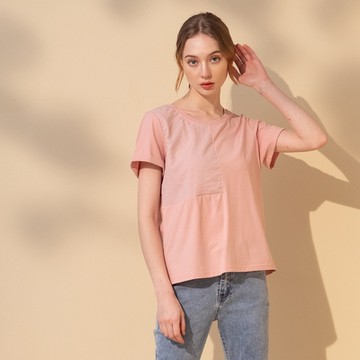 【MASTINA】拼接設計款-女短版上衣 拼接 藍 粉(二色/版型合身)