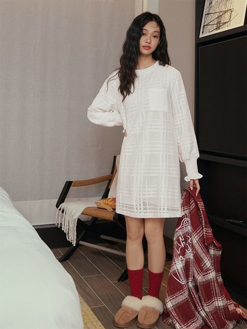 針織口袋拼接荷葉袖洋裝