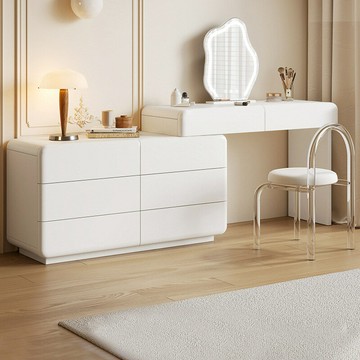 免運 開立發票  奶油風梳妝臺斗柜一體現代簡約家用臥室小戶型實木可伸縮化妝桌
