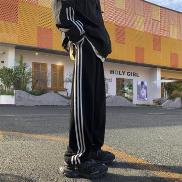 條紋運動褲男春秋新款直筒休閑褲高級感垂感拖地褲男士寬松衛褲潮
