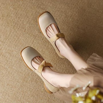 貓爺自制真皮方頭瑪麗珍鞋女2025春秋新款復古風百搭粗跟法式單鞋