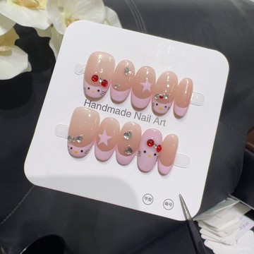 ➕最新設計款穿戴甲💅【粉糯】粉嫩法式五星顯白愛心貓咪少女心卡通手工穿戴美甲短橢圓穿戴甲 CGXO