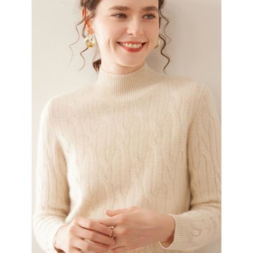 秋冬季新款半高領羊絨衫女軟糯親膚針織打底衫加厚絞花山羊絨毛衣