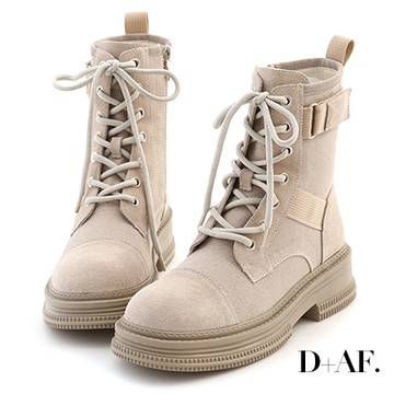 D+AF 荒野精靈．拼接設計綁帶機車短靴＊灰杏