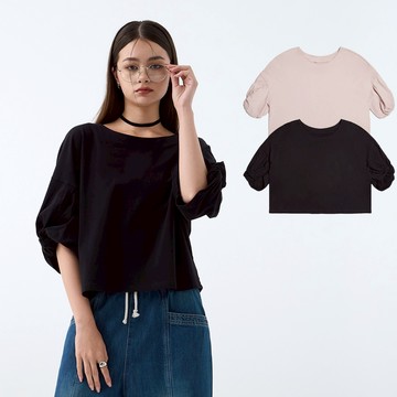 【ERSS】女裝 短袖 女生 t恤 短袖上衣 優雅舒適扭結袖時尚上衣-女 黑色【K60338】