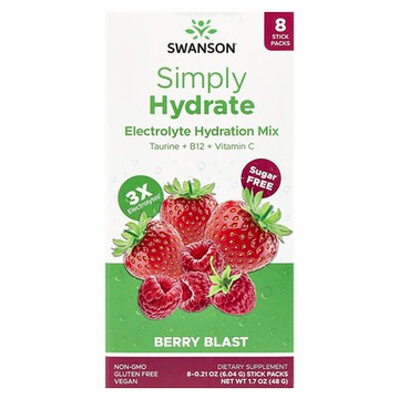 Swanson, Simply Hydrate，電解質混合飲品，爆裂漿果味，8 條，每條 0.21 盎司（6.04 克）