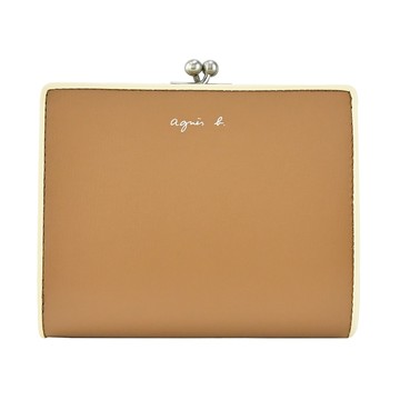 agnes b. 樹紋撞色錢包/外附珠扣錢袋-淺駝