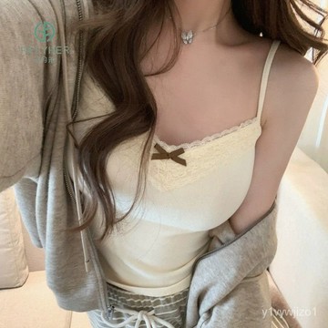 免運 台灣出貨 【3天內熱銷1384件】日月禾 純慾蕾絲花邊灰色弔帶背心女帶胸墊內外搭短款修身上衣限時下殺