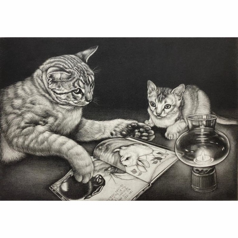 生田宏司　猫とフクロウの銅版画 A4サイズ 生田宏司 猫とフクロウの銅版画 A4サイズ （生田宏司「七夕」銅
