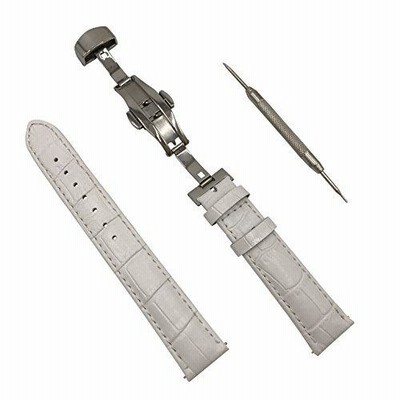 ワンプッシュ式 腕時計 バンド 本革 Dバックル 観音開き クロコダイル 型押し ベルト ばね棒はずし 付 (17 ホワイト 18mm)
