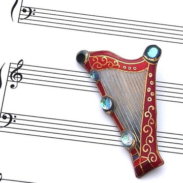 豎琴 - 紅色 - 彩釉玻璃胸針