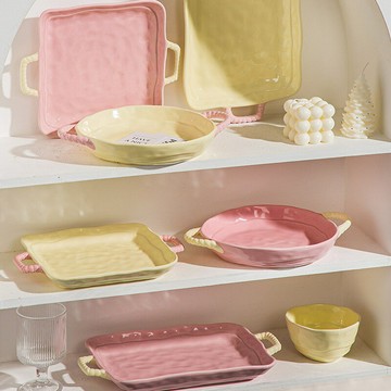 雙耳盤子菜盤家用陶瓷創意碟子法式高級感深盤長方形魚盤好看餐盤