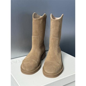 2024韓版早秋新款小香風騎士靴真皮粗跟厚底百搭時尚一腳蹬短靴女