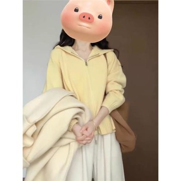 溫柔慵懶風奶黃色拉鏈連帽毛衣外套女秋冬軟糯奶fufu寬松針織開衫