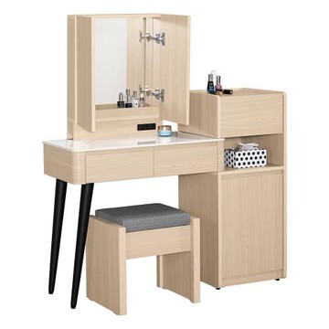 Boden-恩洛2.7尺多功能伸縮岩板化妝桌/開門式鏡台/梳妝台(附插座+收納化妝椅-寬82~116公分)