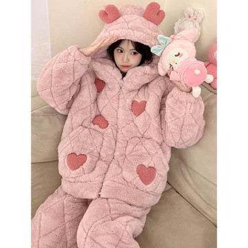 (免運)三層夾棉睡衣女秋冬季保暖加絨加厚珊瑚絨連帽甜美冬天家居服套裝