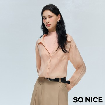 SO NICE 蠟粉色高智感假兩件火山領針織拼接天絲襯衫造型上衣｜都會時尚女裝【58631002】