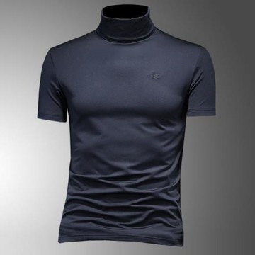 高領打底衫男士秋冬薄絨短袖t恤絲光棉修身大碼半袖體恤小衫加厚T