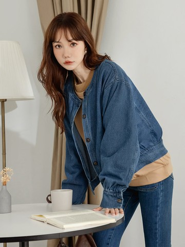 純棉無領排釦口袋牛仔外套