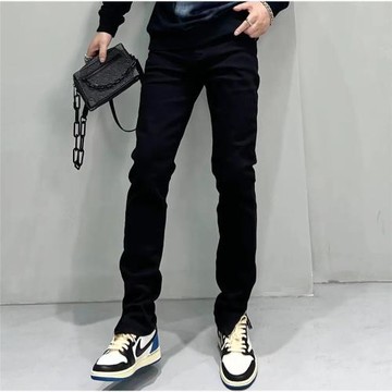 高端簡約防掉色牛仔褲男腳口拉鏈設計春秋新款黑色高彈力休閑長褲