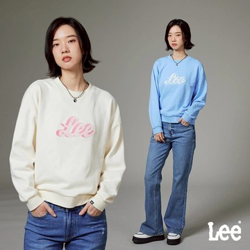 Lee 草寫LOGO寬鬆大學T 女 米白 淺藍 LB411018