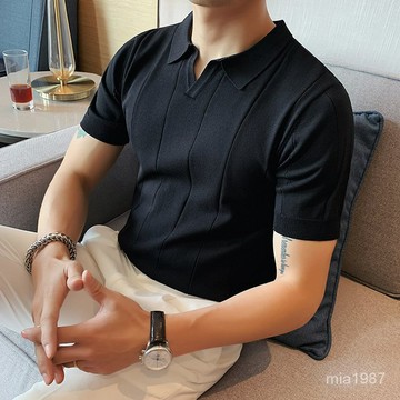 【精品男裝】高端冰絲短袖T恤男士夏季新款英倫商務男裝上衣痞帥V領針織POLO衫 ENZW