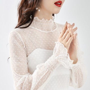 春秋白色網紗上衣雪紡高領蕾絲打底衫女神仙內搭薄款透視紗衣長袖
