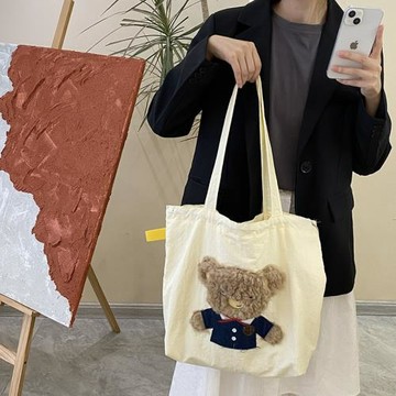 可愛刺繡百搭文藝單肩布包托特包包女慵懶風大容量通勤單肩包