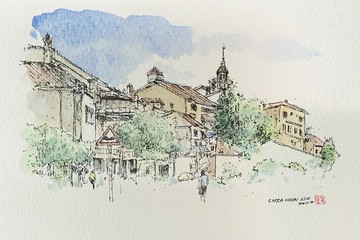 賽維亞舊城區/水彩手繪原作/含框