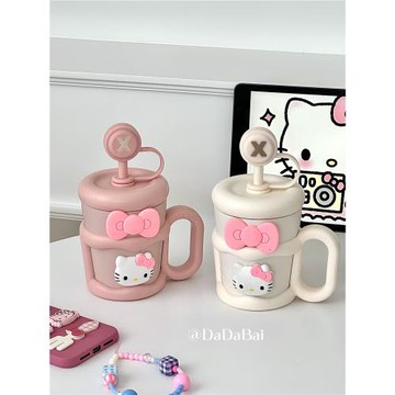 吸管攪拌水杯保溫杯2024新款高顏值女可愛把手辦公室家用杯子kt貓