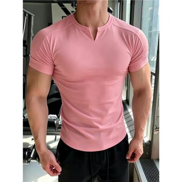 肌肉健身男運動休閑V領T恤夏短袖跑步訓練服圓領透氣彈力修身籃球