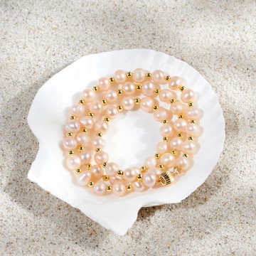 天然粉色淡水珍珠項鍊 金色珠子及金色燈籠扣 8-9mm 簡約時尚