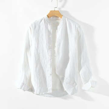 現貨+預購 亞麻襯衫長袖上衣-休閒透氣立領男裝74ew31【獨家進口】【米蘭精品】