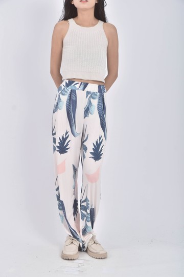 (S) 高腰花紋白色長褲