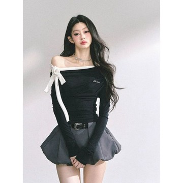♡ 𝑪𝒉𝒊𝒄 𝒖 ♡新款甜欲收腰顯瘦長袖斜肩T恤女綁帶設計百搭小衆上衣ins