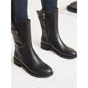 秋冬真皮平底短靴女加絨低跟中筒馬丁靴女靴子大碼防滑媽媽女單靴