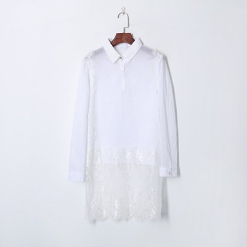 夏季氣質小翻領紐扣套頭上衣拼接蕾絲鉤花透視連衣裙長裙