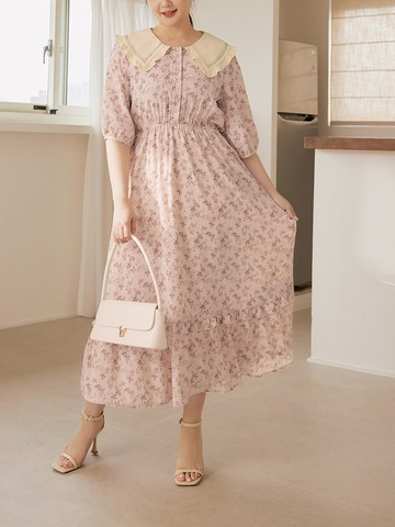 雲朵自訂款-碎花娃娃領拋袖收腰長洋裝