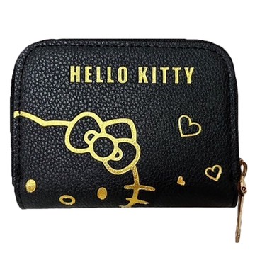 小禮堂 Hello Kitty 皮質拉鍊卡包 (黑燙金大臉款) 6718006-002228