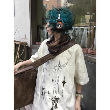 美式復古短袖女夏季新款燭臺印花重磅t恤情侶寬松半袖vintage上衣