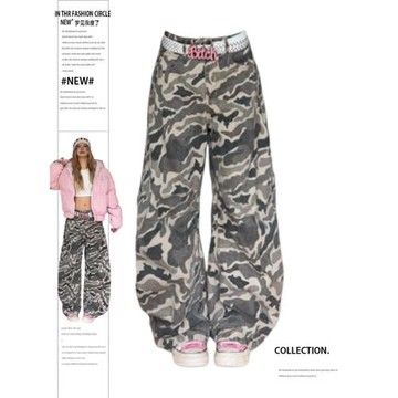 大碼美潮街頭做舊迷彩工裝褲女2025春復古水洗廓形彎刀闊腿長褲子