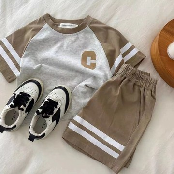 Healthy baby 兒童短袖短褲套裝夏季新款男女童拼接寶寶韓版運動t恤兩件套 男童套裝 短袖套裝 兩件套