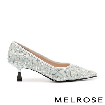 MELROSE 美樂斯 華麗優雅珠片金蔥尖頭高跟鞋－藍
