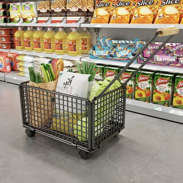 【全店免運 限時下殺】零食便利店簡約購物超市購物籃拉桿帶輪購物筐鐵藝買菜小拉車折疊推車 收納車 小拉車 折疊購物車