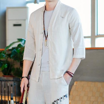 短袖t恤男中國風亞麻開衫七分袖道袍夏季棉麻衣服中式復古唐裝薄