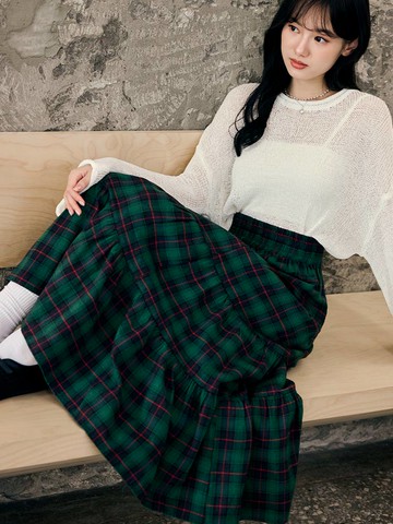 配色格紋腰鬆緊蛋糕長裙