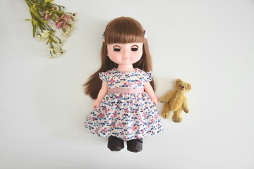 公仔衫套裝 小花邊袖腰帶碎花裙連連小髮夾 - 米白底小花