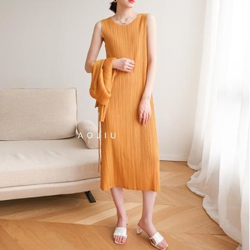 三宅褶皺連衣裙女夏季新款百褶背心裙日系拼布無袖壓褶打底裙子潮
