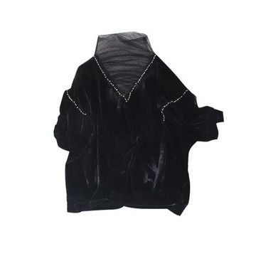 篙級成衣~JI致黑真絲絨插肩袖寬松洛麗塔薄紗領鑲鉆T恤/打底衫 女